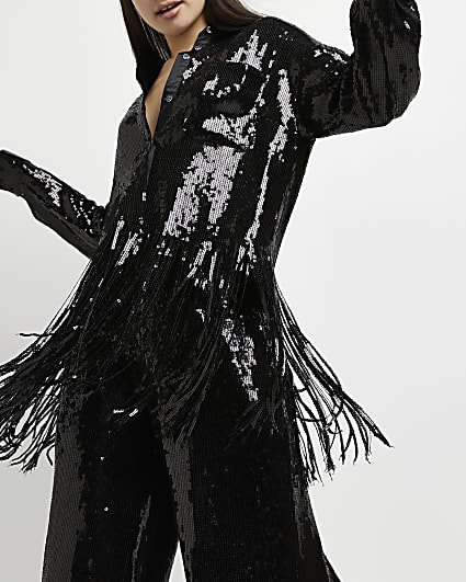 Black sequin tassel oversized shirt