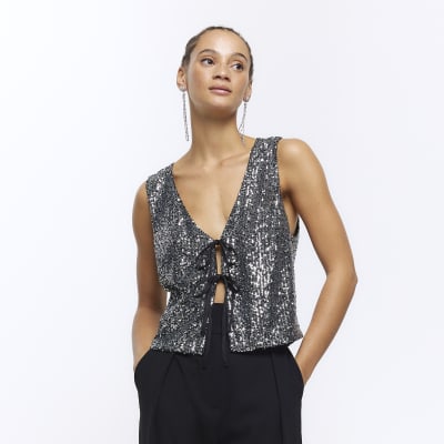 River island sequin online bardot top