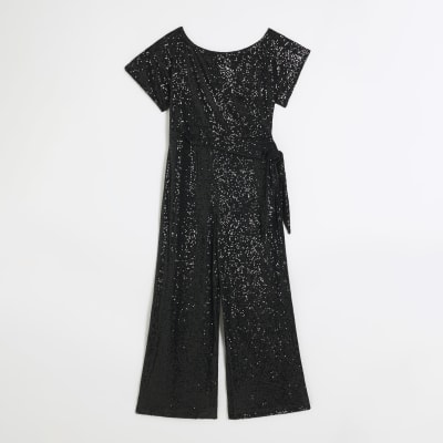 Black sequin tie side jumpsuit River Island
