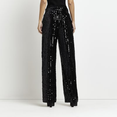 Black sequin wide leg trousers River Island