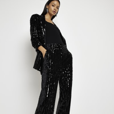 Black sequin wide leg trousers | River Island