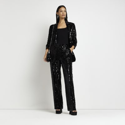 Black sequin wide leg trousers | River Island