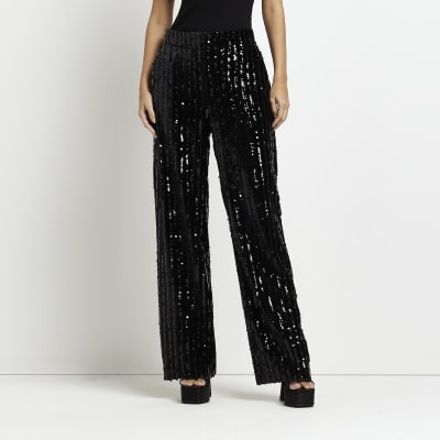 Black sequin wide leg trousers River Island