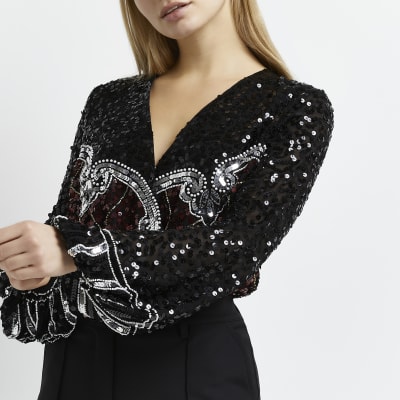 Plus Black One Shoulder Sequin Bodysuit