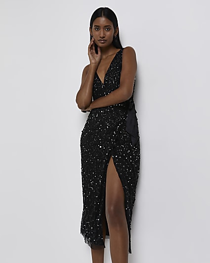 Black Sequin Wrap Midi Dress