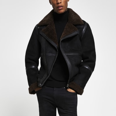 Black Shearling Biker Jacket River Island