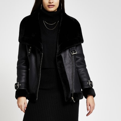 Black shearling faux leather aviator coat | River Island