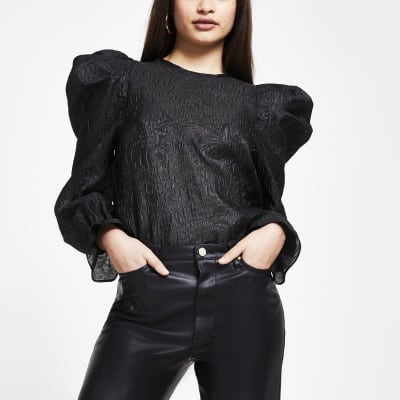 black sheer puff sleeve blouse