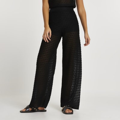 Black sheer scallop wide leg trousers