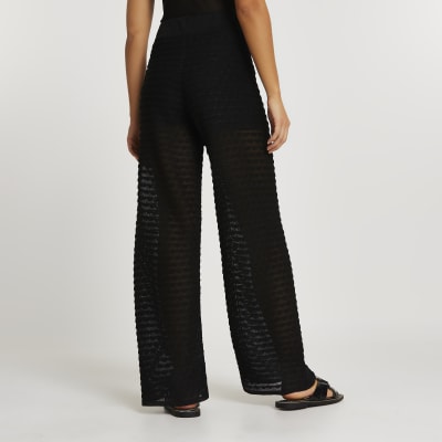 Black sheer scallop wide leg trousers