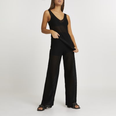 Black sheer scallop wide leg trousers