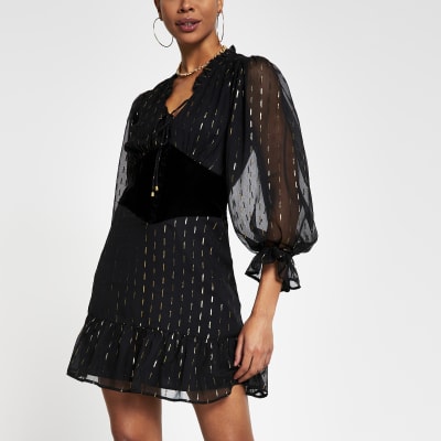 Black Sheer Sleeve corset detail dress | River Island