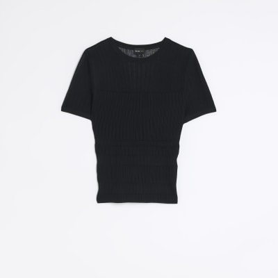 Black sheer stripe top River Island