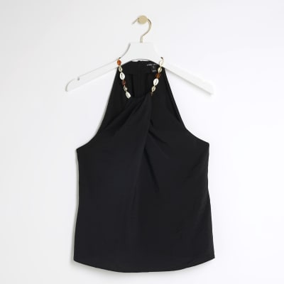 Black shell strap halter neck top River Island