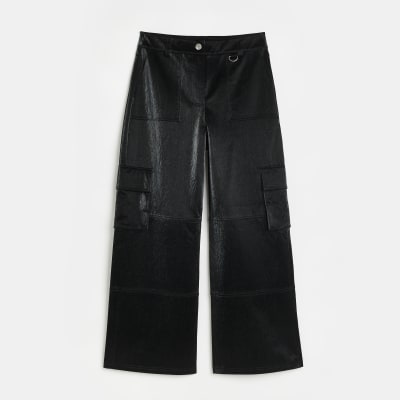 Black shiny wide leg cargo trousers