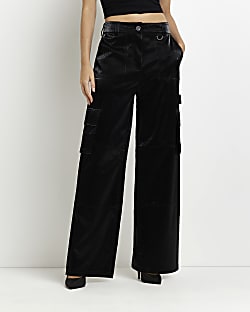 Black shiny wide leg cargo trousers