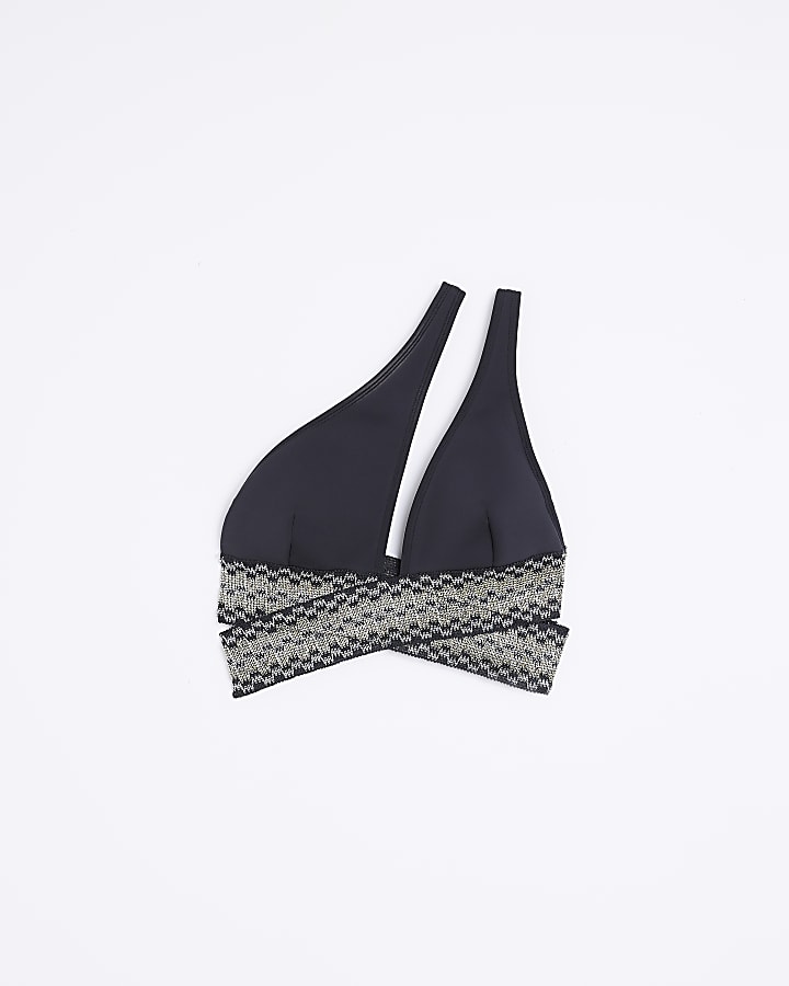 Black shirred asymmetric bikini top