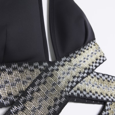 Black shirred asymmetric swimsuit River Island