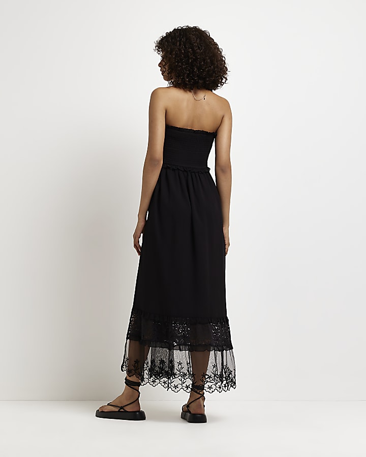 Black shirred bandeau maxi dress