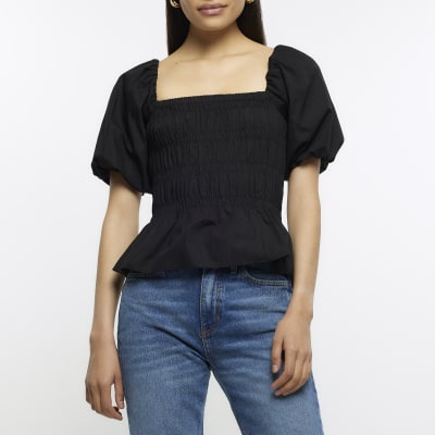 Black shirred best sale bardot top