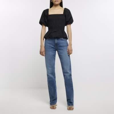 Black shirred bardot top River Island