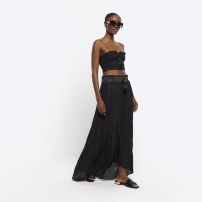 River Island Womens Black Shirred Metallic Maxi Skirt