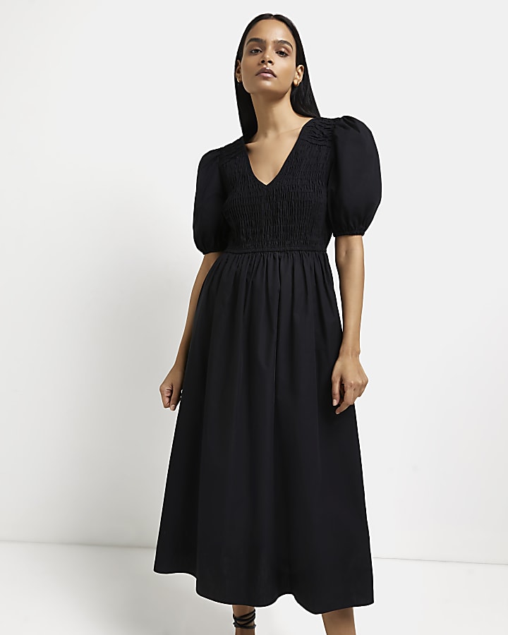 Black shirred midi dress