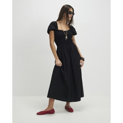 Black Shirred Midi dress