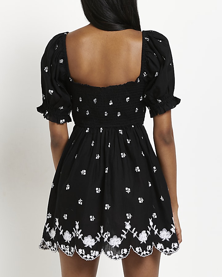 Black shirred mini dress