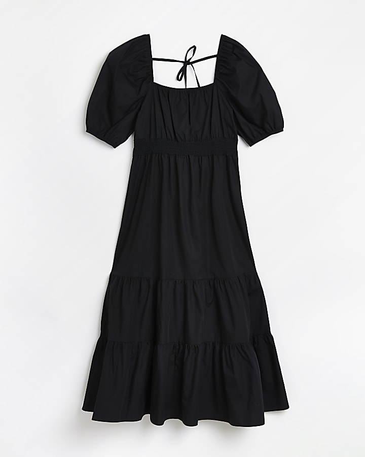 Black shirred smock midi dress