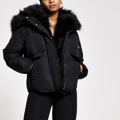 short black puffer jacket with hood