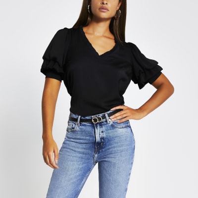 Black short puff sleeve v neck blouse River Island