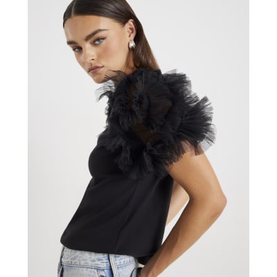 Black Short Ruffle Sleeve Top