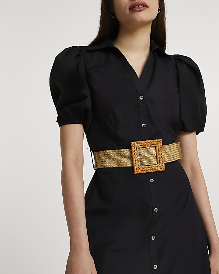 Black short sleeve belted midi shirt dress