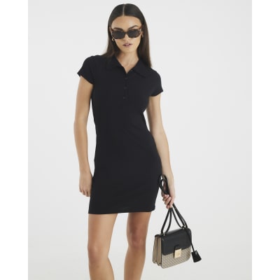 Black Short Sleeve Button Up Polo Mini Dress