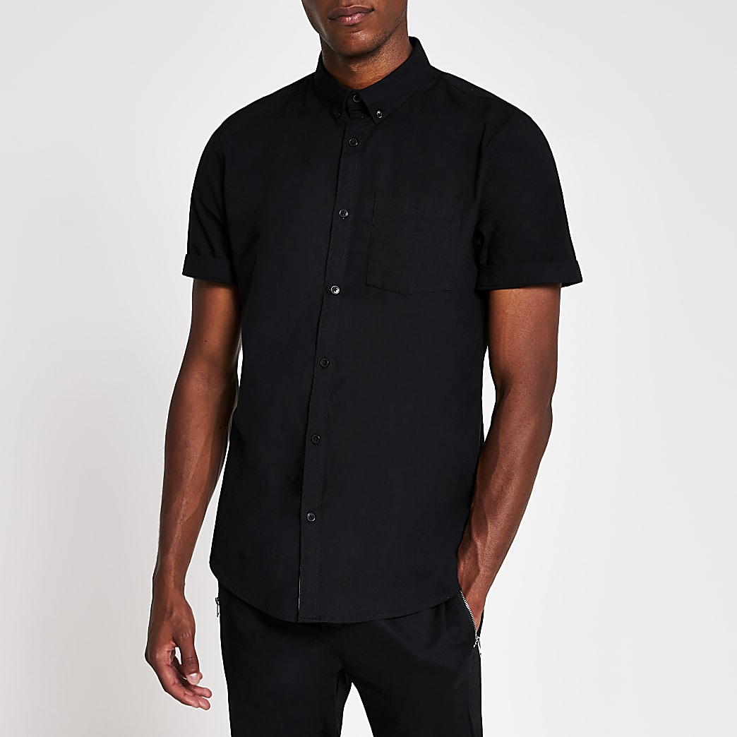 Black short sleeve chest pocket Oxford shirt | River Island