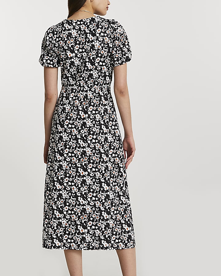 Black short sleeve daisy print midi dress