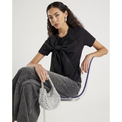 Black Short Sleeve Diamante Bow T-shirt