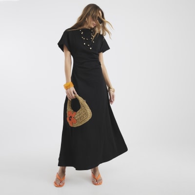 Black Short Sleeve Drape Side Midi Dress