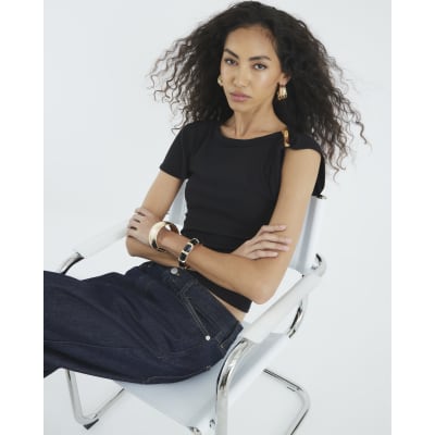Black Short Sleeve Gold Detail Top