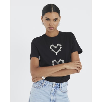 Black Short Sleeve Heart Diamante T-shirt