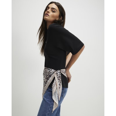 Black Short Sleeve Leopard Scarf Mix T-Shirt