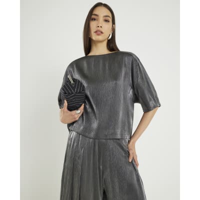 Black Short Sleeve Metallic Tailored Top