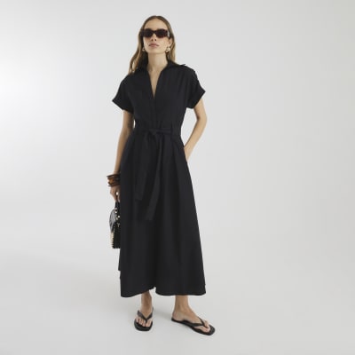 Black Short Sleeve Midi Shirt Dress