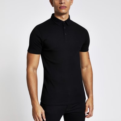 Black short sleeve muscle fit rib polo shirt | River Island