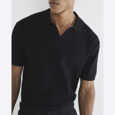 Black Short Sleeve Open Collar Polo Shirt | River Island