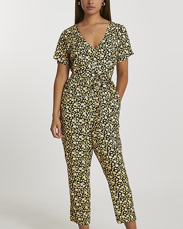 Black short sleeve print relaxed jumpsuit