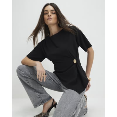 Black Short Sleeve Ruched Side Top