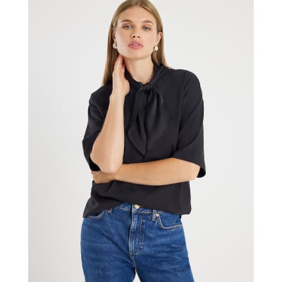 Black Short Sleeve Scarf Detail T-shirt