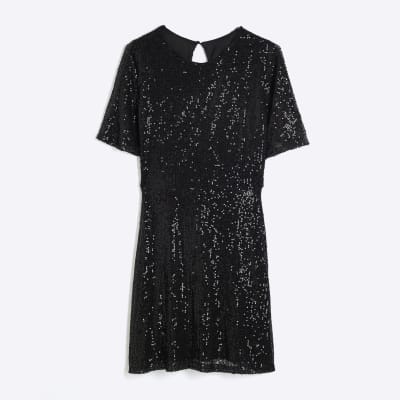 Black Short Sleeve Sequin Skater Dress River Island